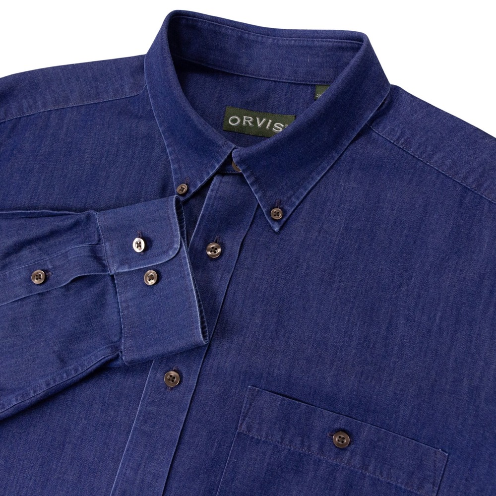 Orvis Mens Large Blue Wrinkle Free Chambray Denim Shirt Long Sleeve Indigo